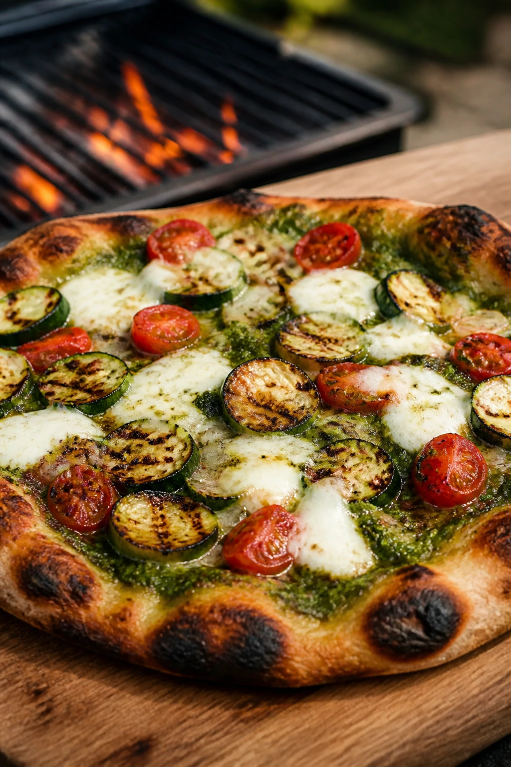 Grilled vegetable pesto pizza with blistered crust