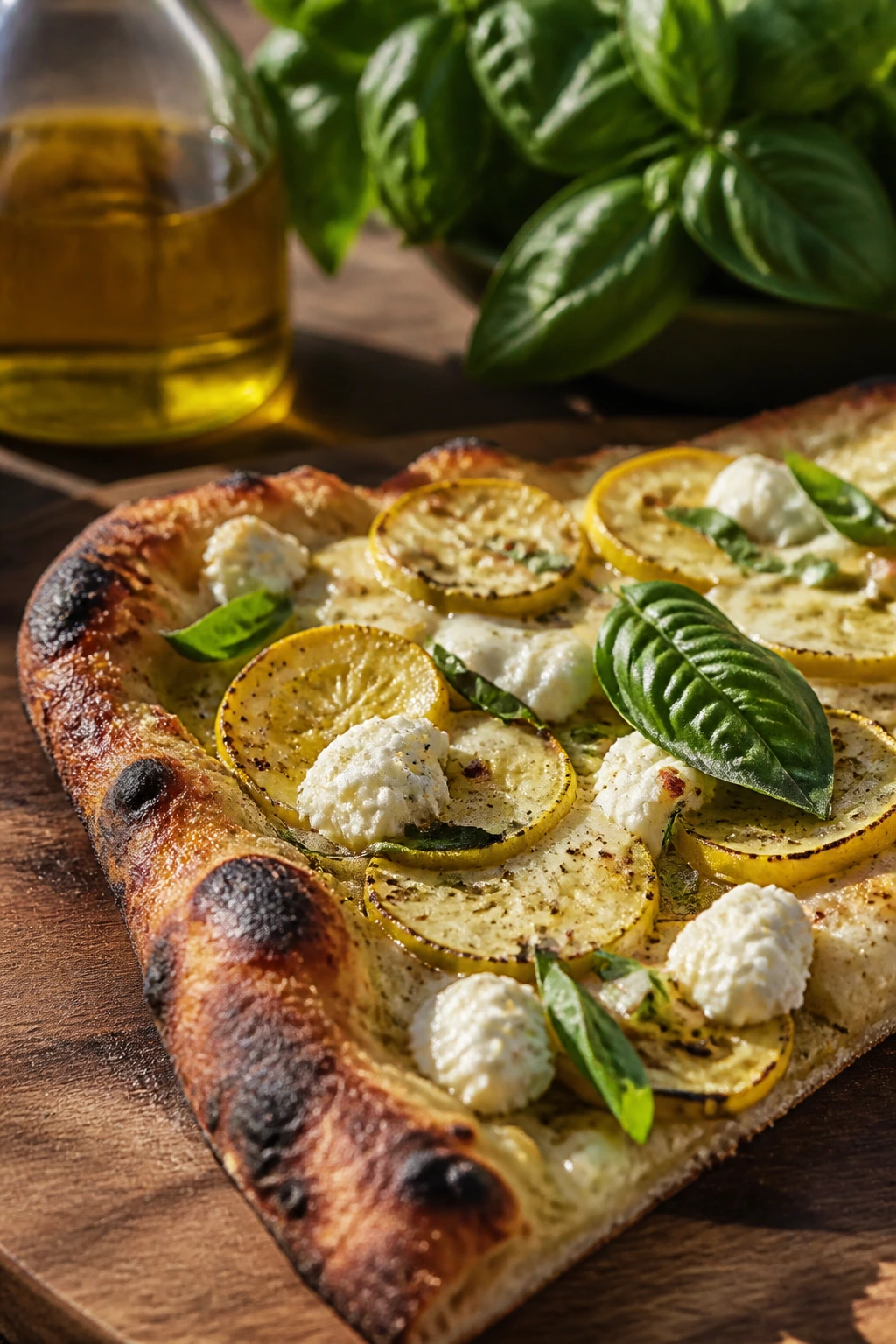 Close-up of grilled pizza slice with squash and basil on rustic board