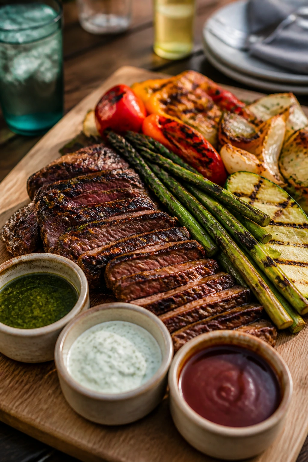 Grilled meat and vegetables served on a rustic platter
