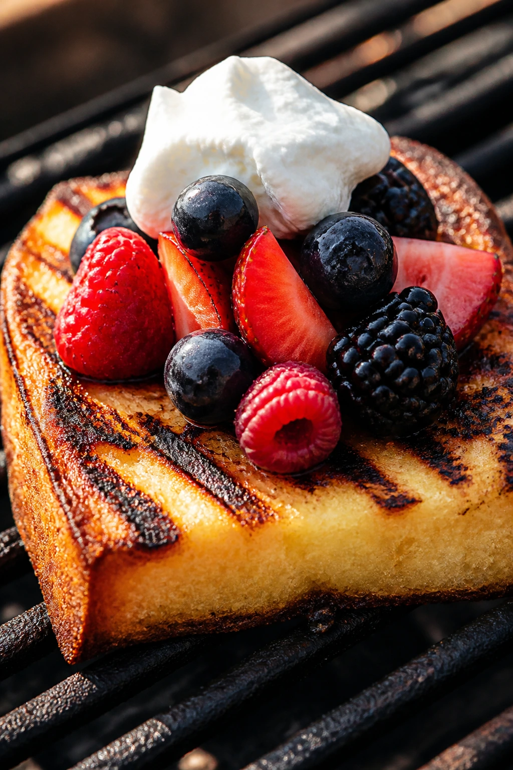 Close-up of grilled pound cake slice with berries