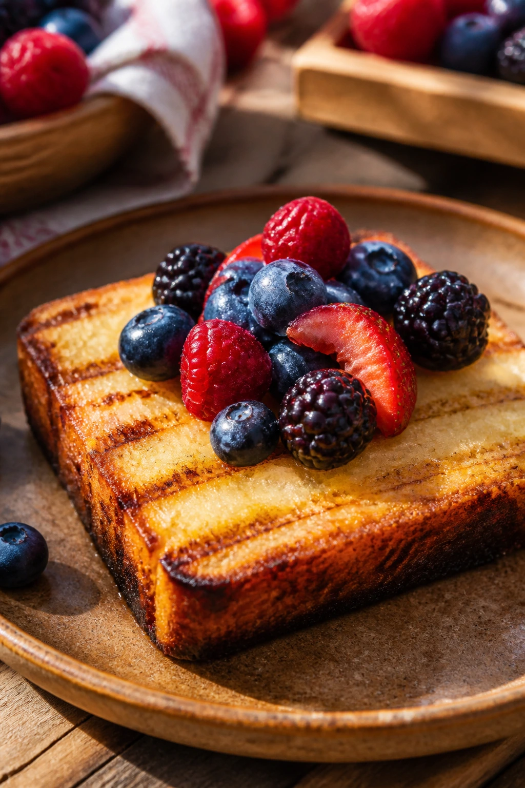 Grilled pound cake slice with berries on a rustic plate