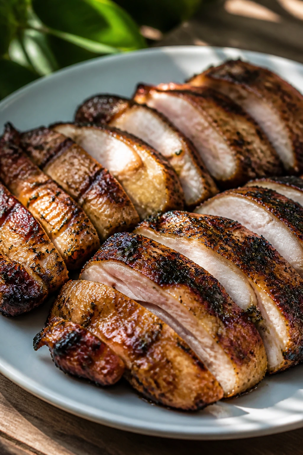 Sliced grilled chicken thighs presented for room-temperature serving
