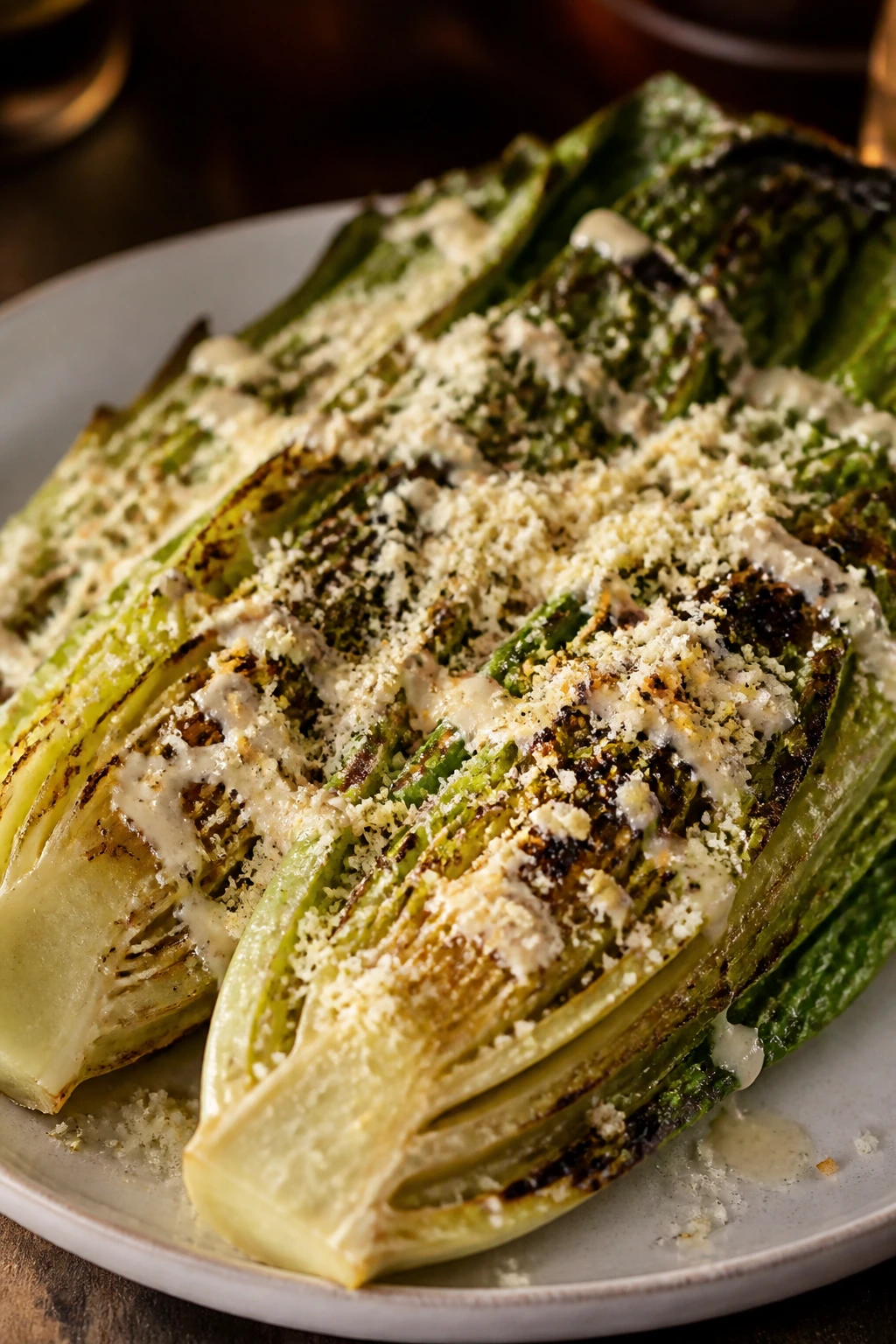 Close-up of Grilled Romaine Caesar with parmesan crumbs on a plate