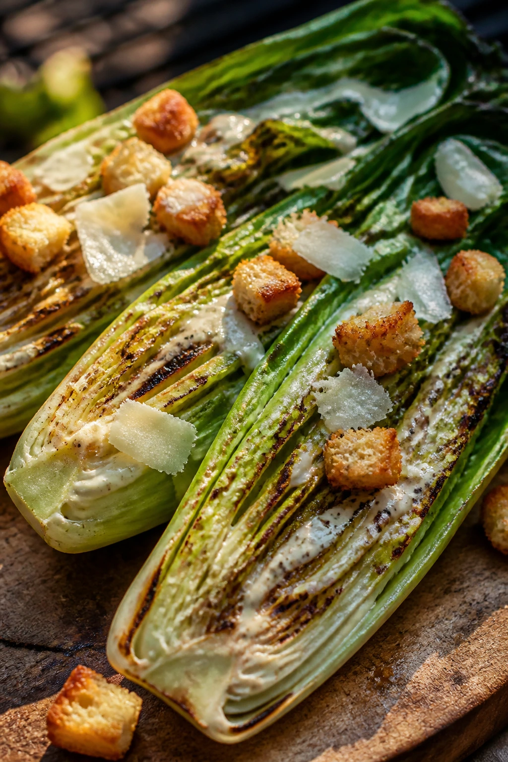 Close-up of a grilled Romaine Caesar half with dressing outdoors