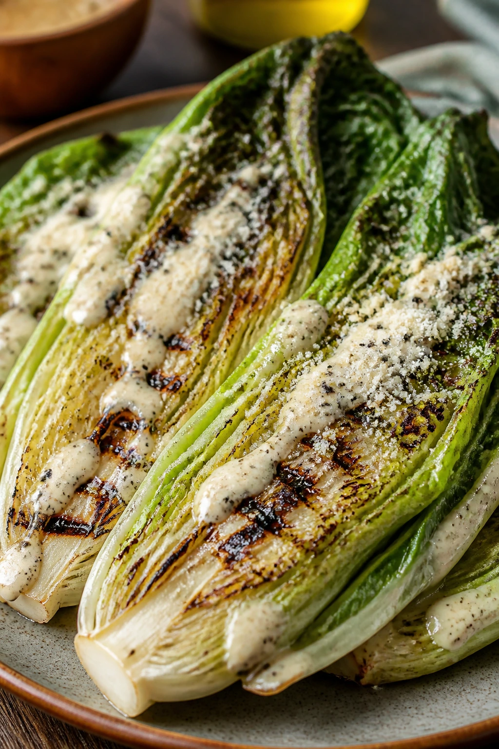 Close-up of grilled romaine with anchovy-parmesan dressing