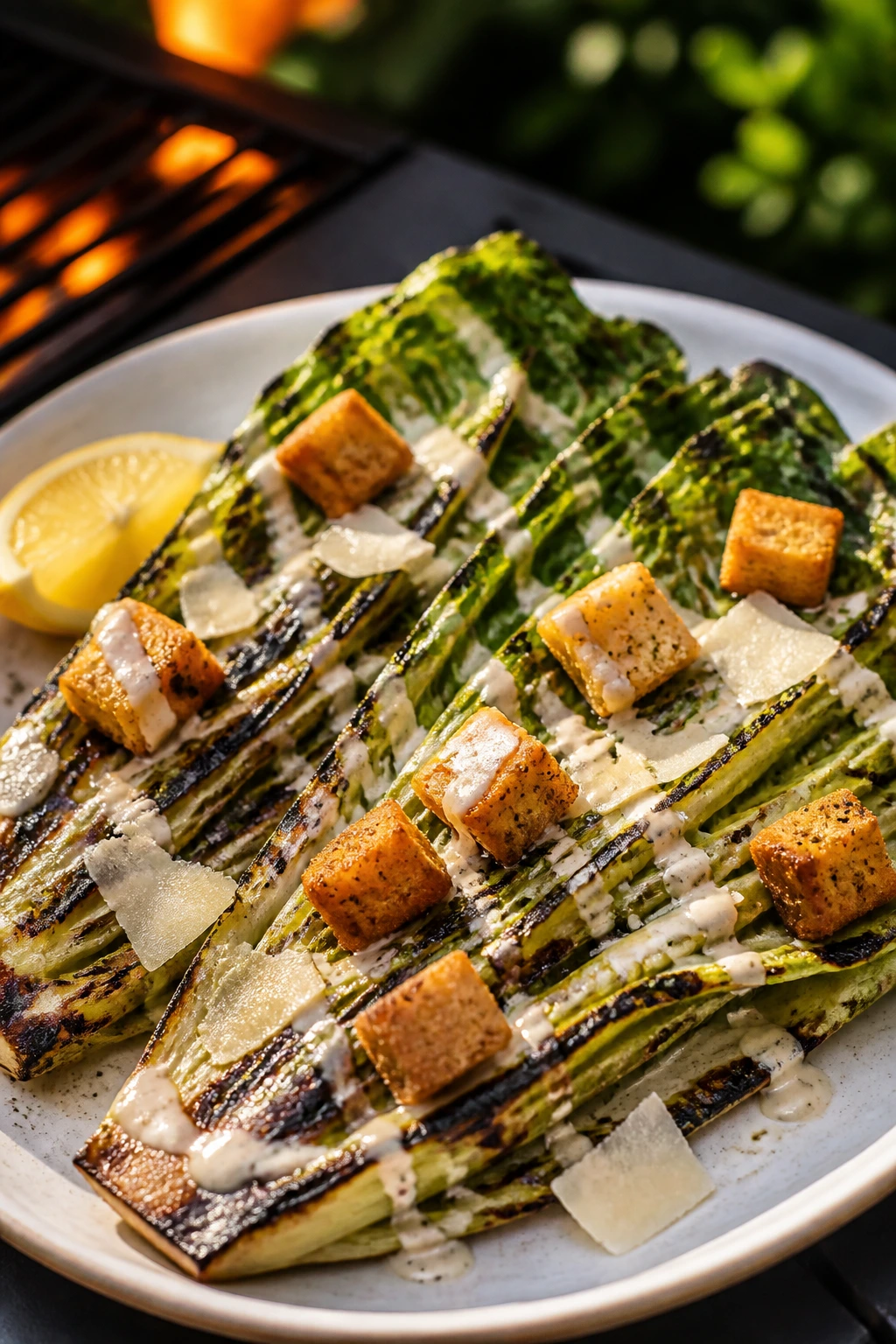 Grilled romaine hearts with croutons and parmesan on a plate