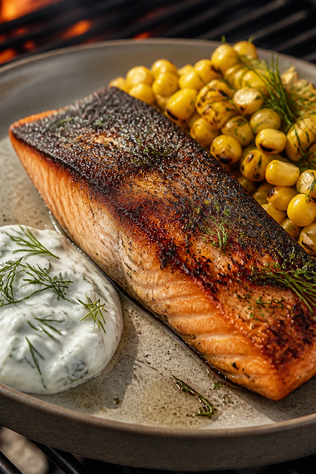 Grilled salmon with corn and dill yogurt on a rustic plate