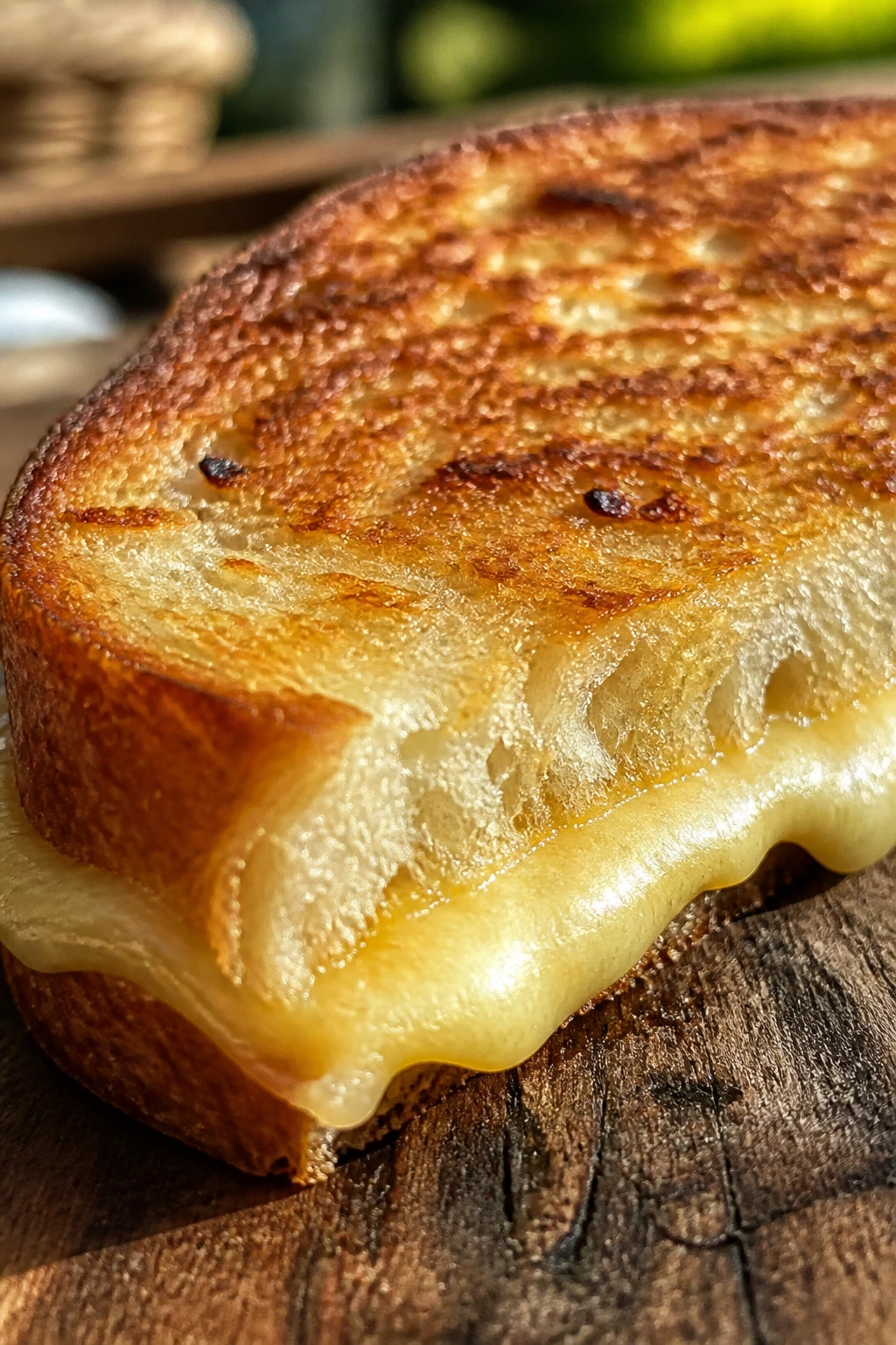 Close-up of a perfectly toasted grilled sandwich half on a rustic wooden table outdoors