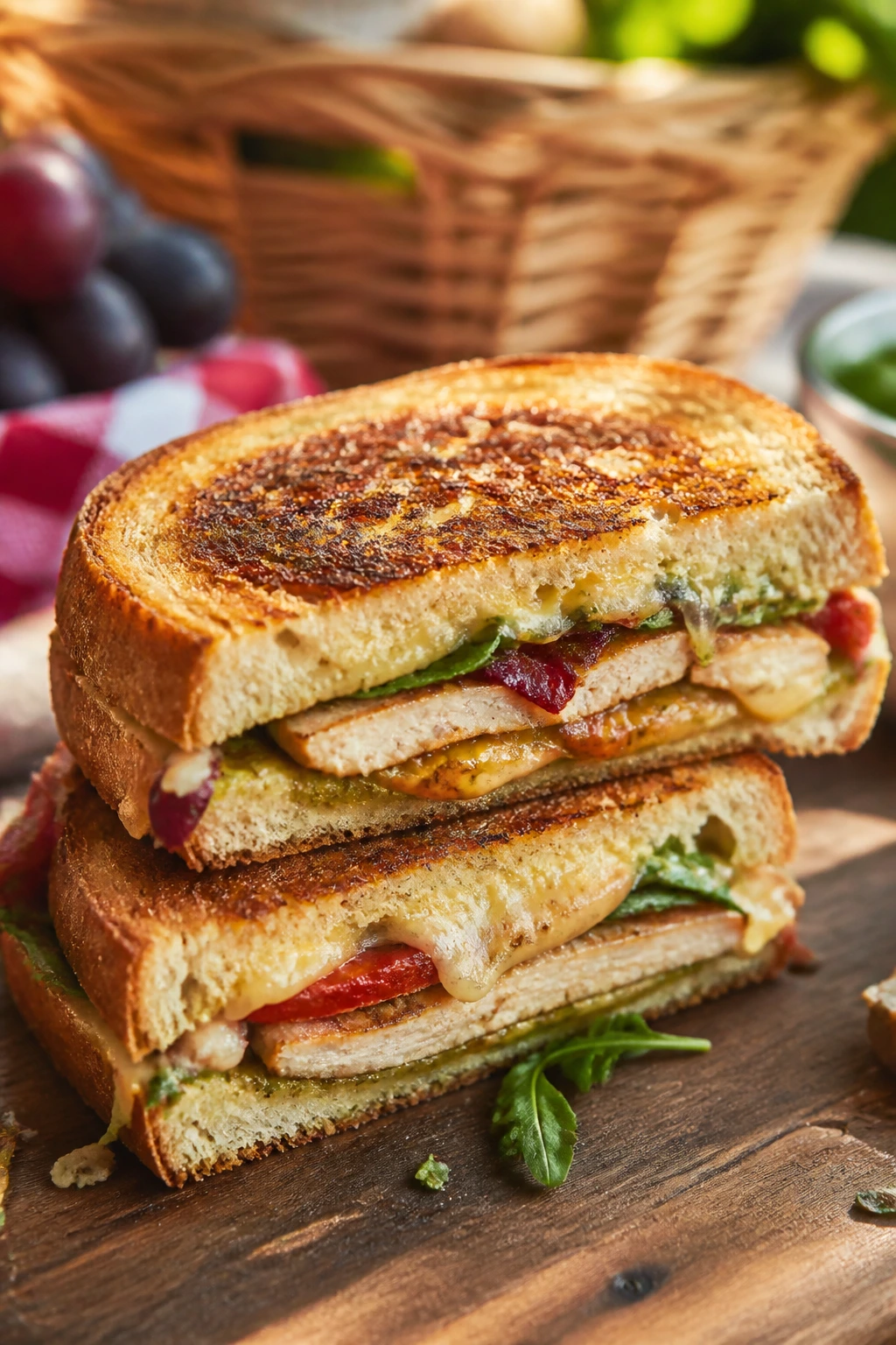 Close-up grilled sandwich on a wooden board with crisp crust and juicy interior