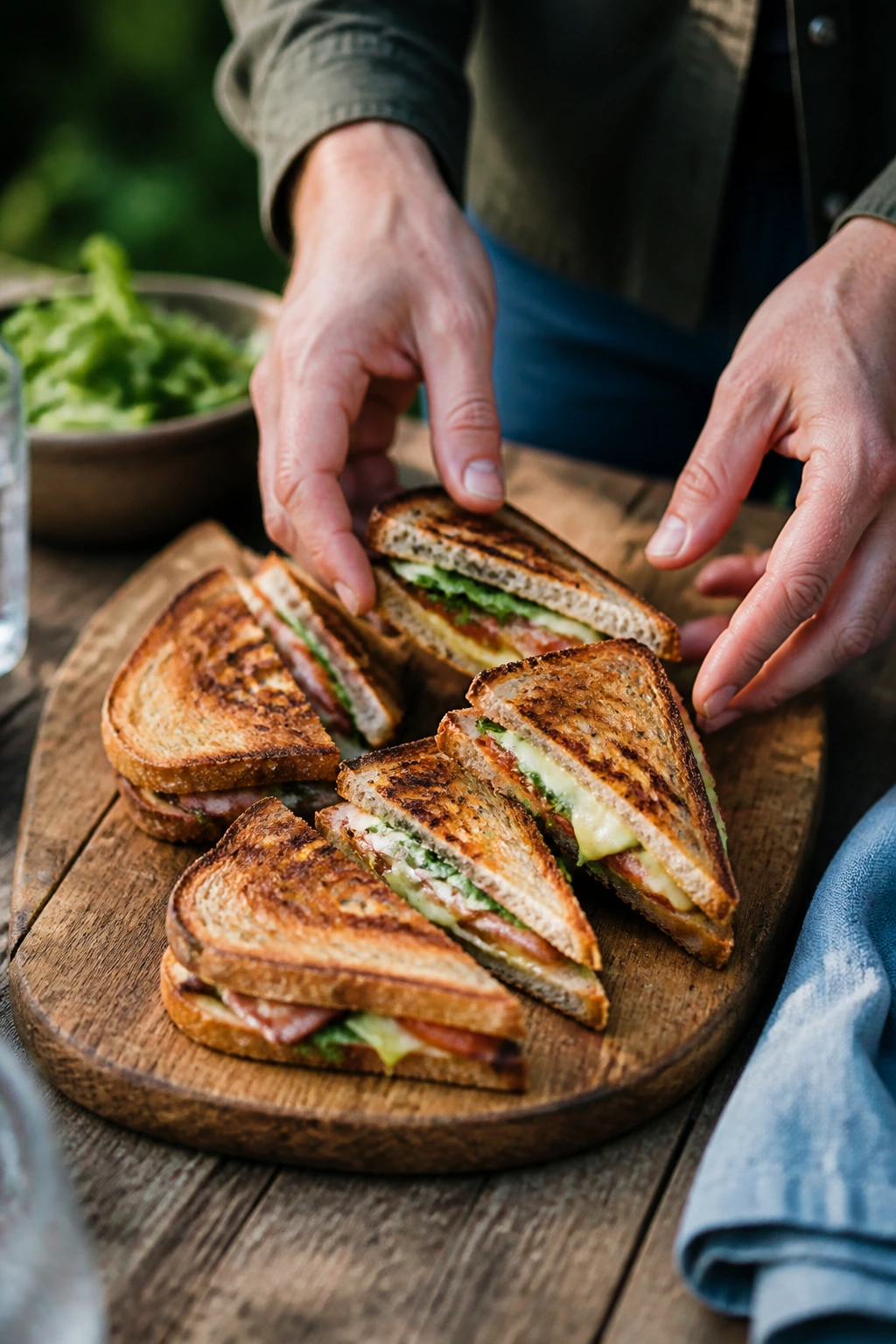 Diagonally sliced grilled sandwiches on a wooden board ready to serve