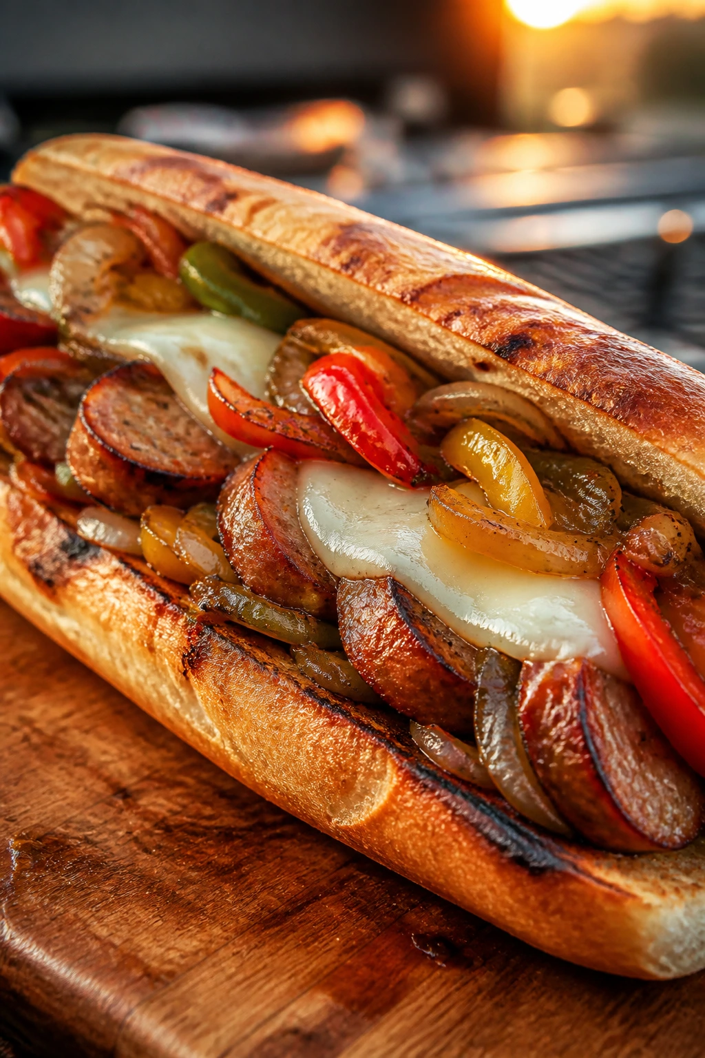 Close-up of grilled sausage hoagie with peppers and onions on toasted roll