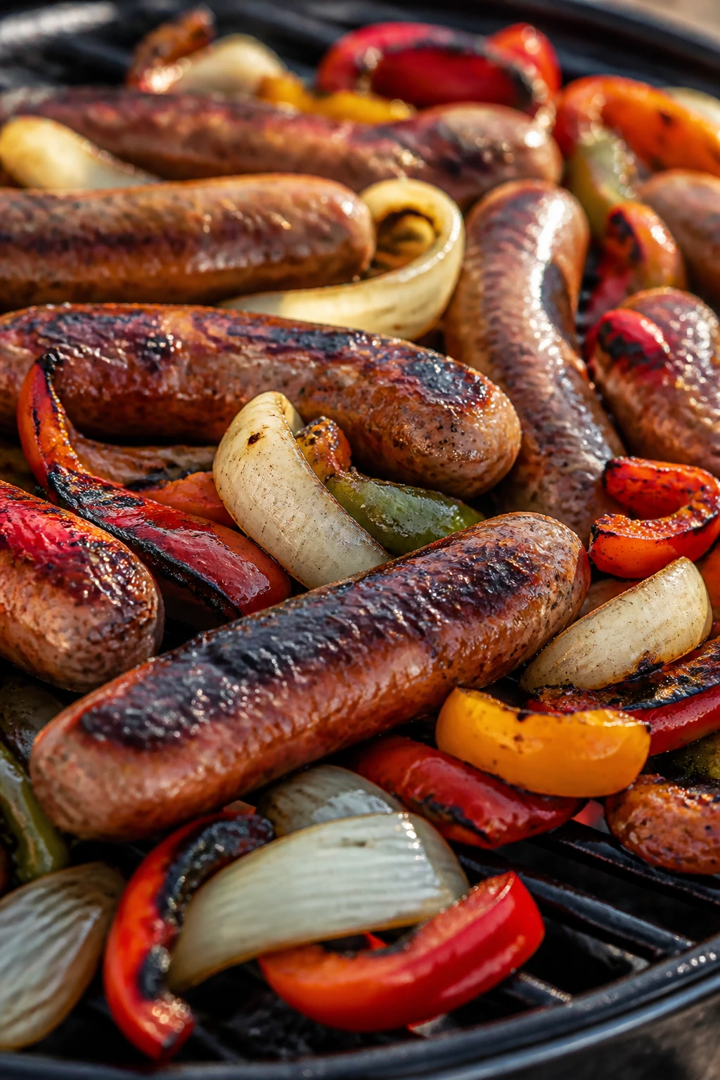 Close-up of grilled sausage with peppers and onions on a backyard grill