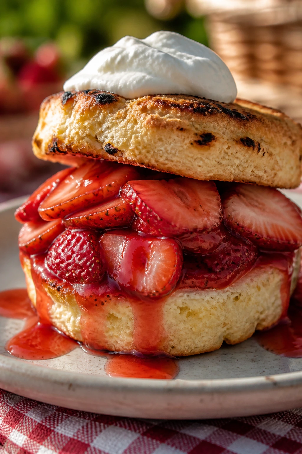 Close-up of grilled strawberry shortcake with strawberries and whipped cream
