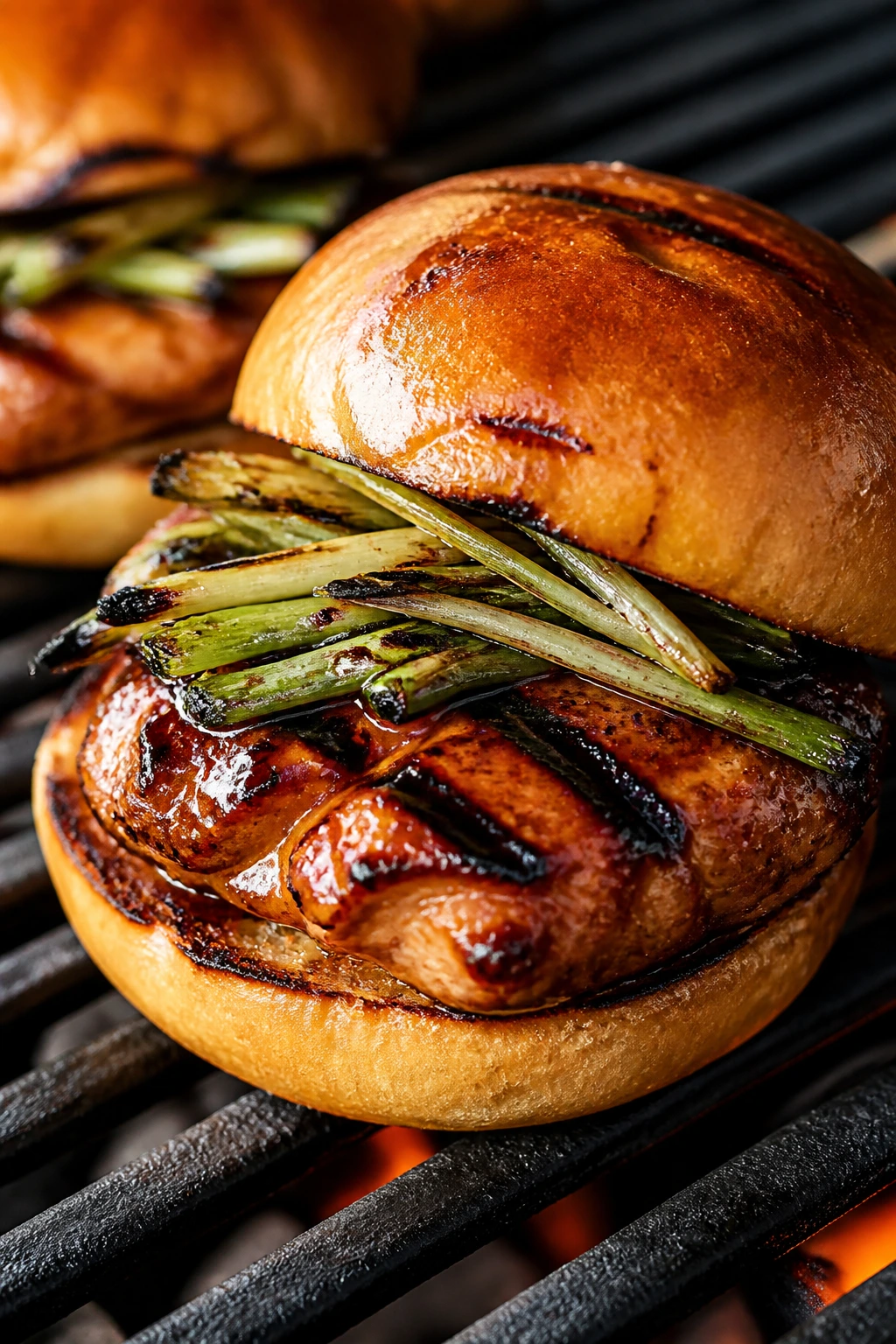 Close-up of grilled teriyaki chicken slider with charred scallions on a toasted bun