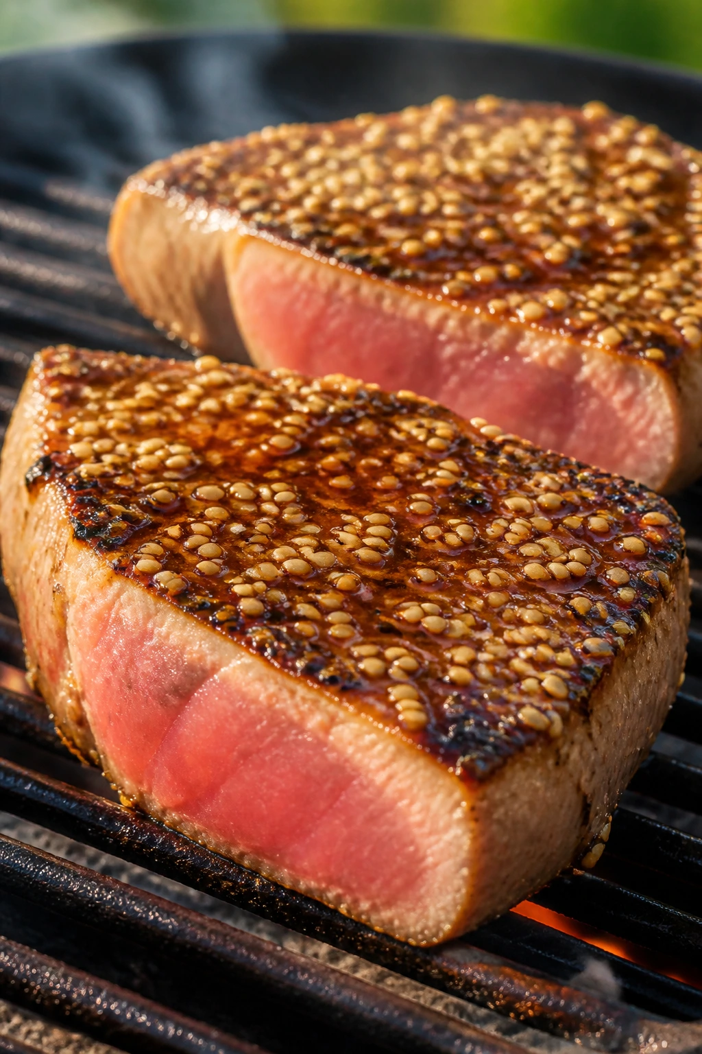 Close-up of sesame-ginger tuna steaks on a grill with sesame seeds and pink centers
