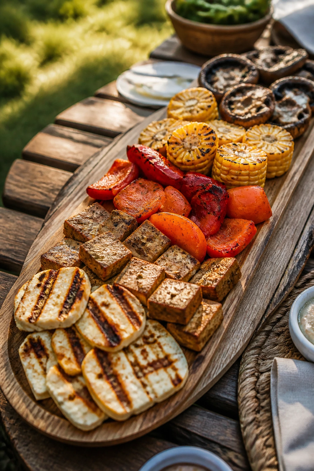 Rainbow platter of grilled variations including halloumi, tofu, peppers, corn
