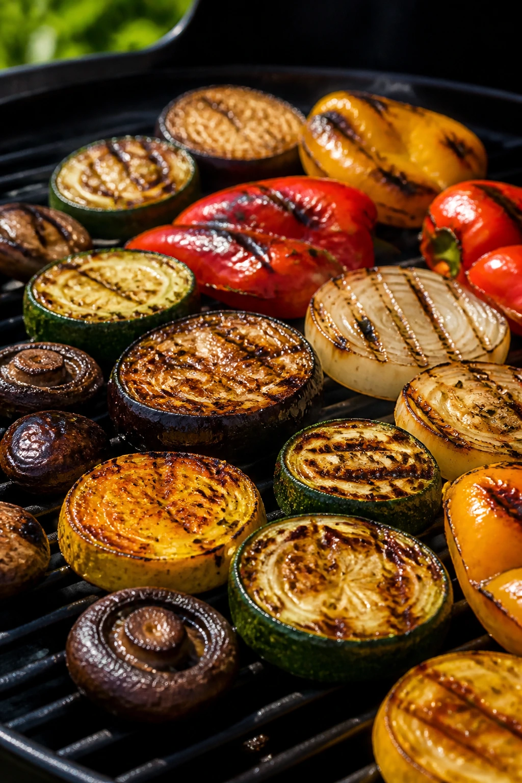 Close-up of grilled vegetables caramelizing on an outdoor grill