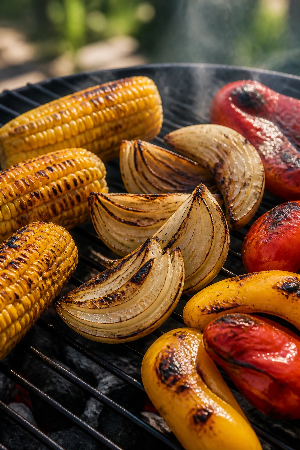 Colorful grilled vegetables with char marks on a grill outdoors