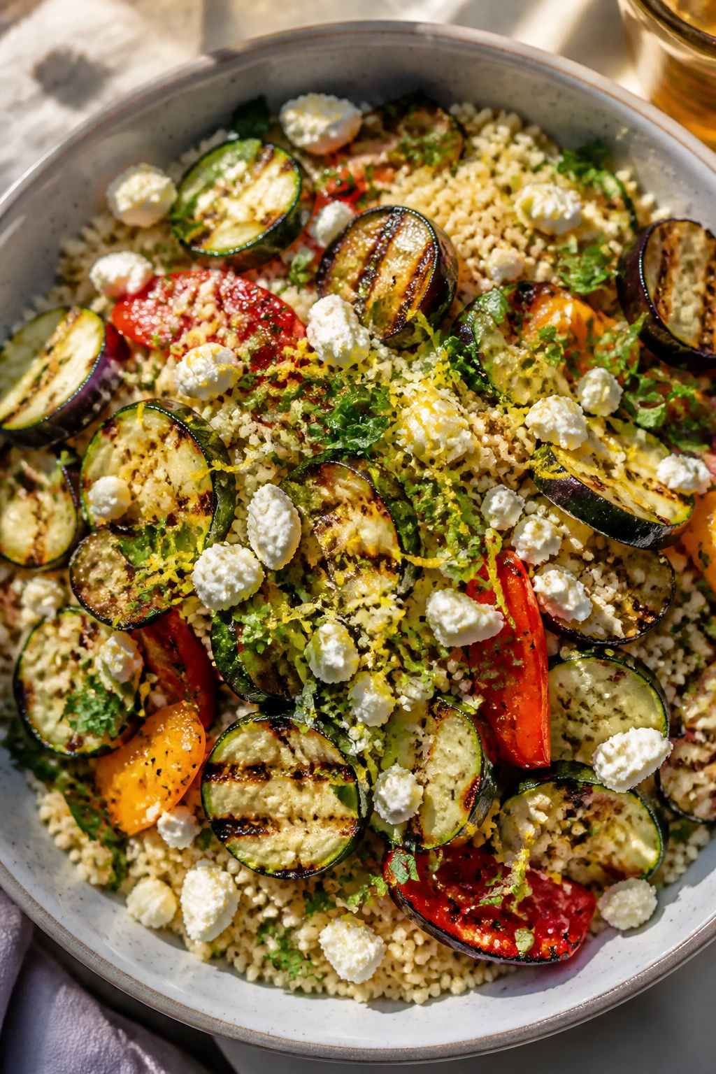 Vibrant veggie couscous bowl with grilled vegetables and feta
