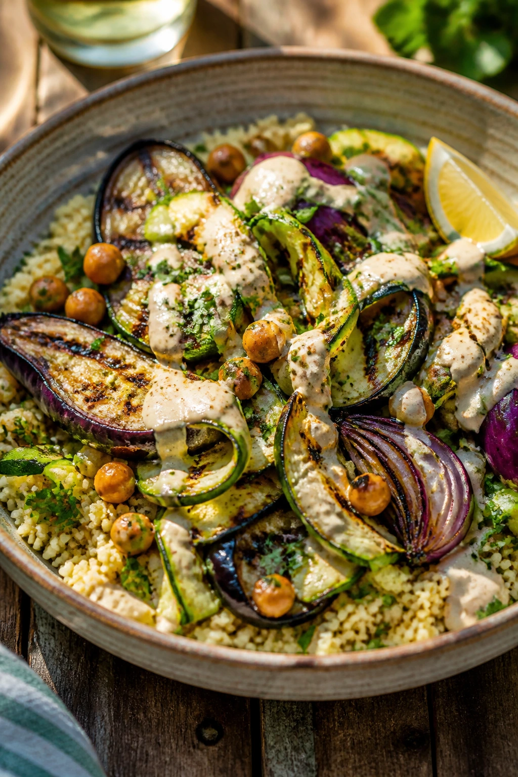 Close-up of a bowl of grilled vegetable couscous with lemon tahini on a wooden table