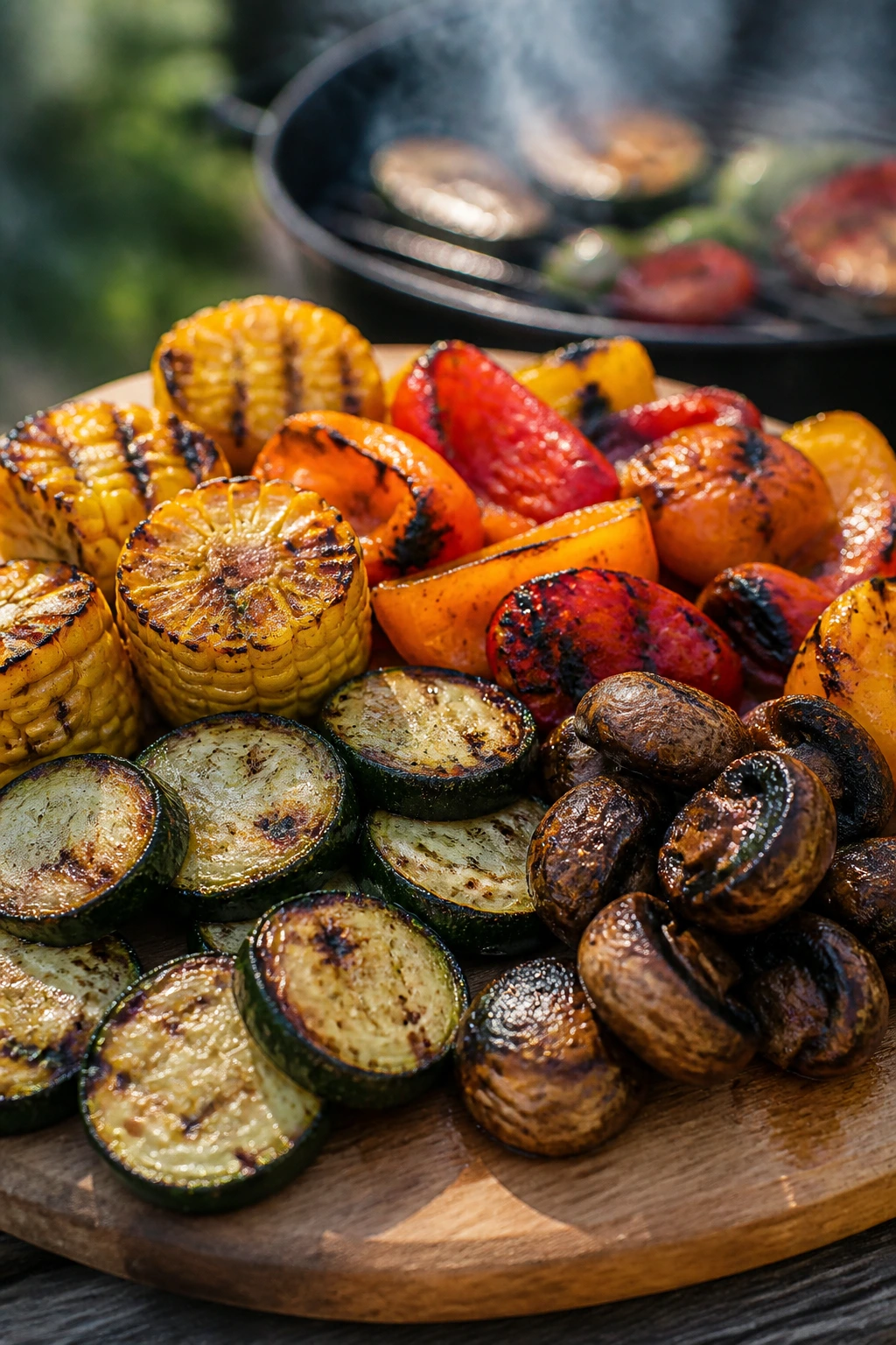 Close-up of grilled corn, peppers, zucchini, and mushrooms with charred edges