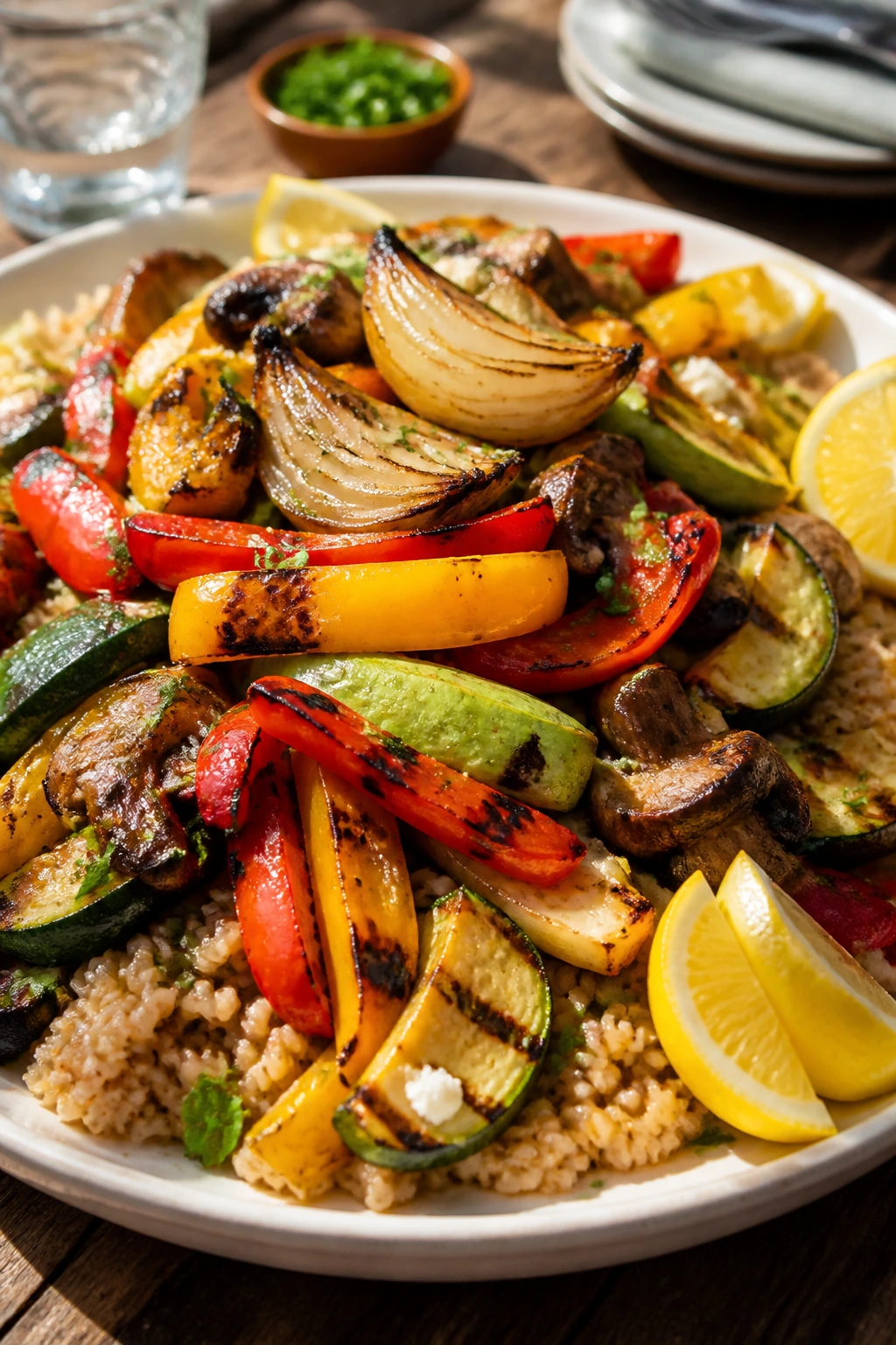 Vibrant grilled vegetables plated over grains for dinner