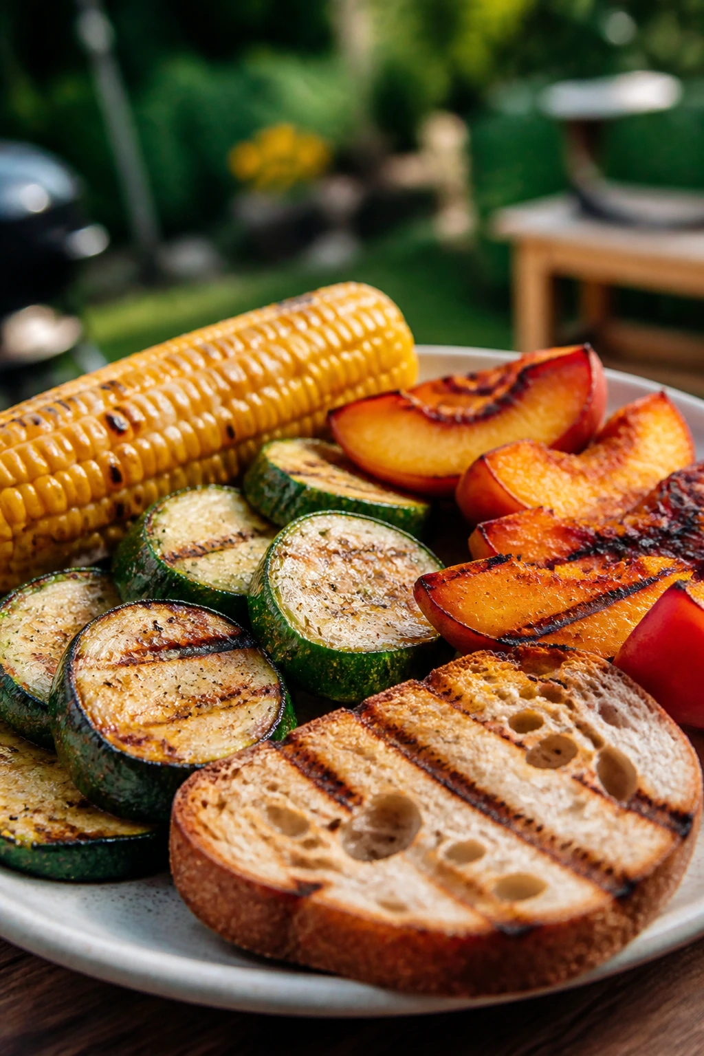 Grilled corn, zucchini, peaches, and bread on a rustic plate outdoors