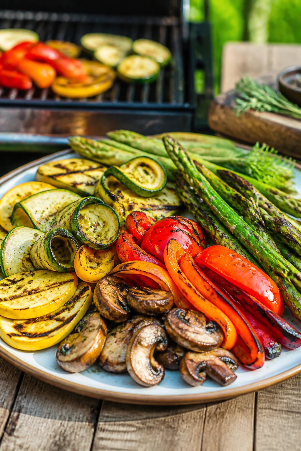Close-up of a dominant plate of grilled vegetables on a rustic outdoor table