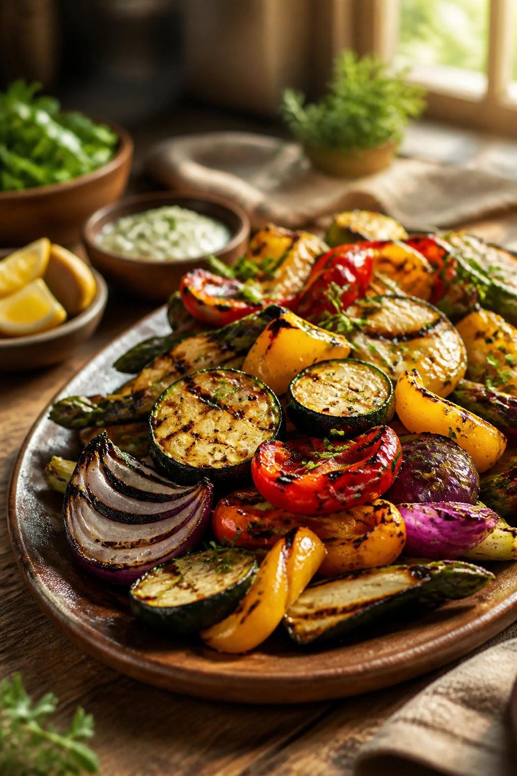 Close-up of a colorful grilled vegetable platter with char marks on peppers, zucchini, and onions