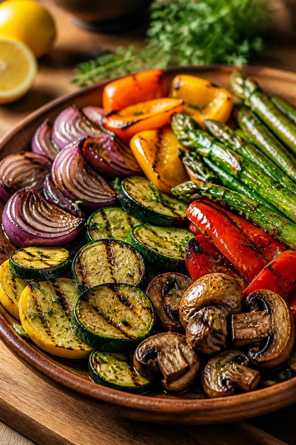 Close-up plate of colorful grilled vegetables implying a healthy dinner recipe