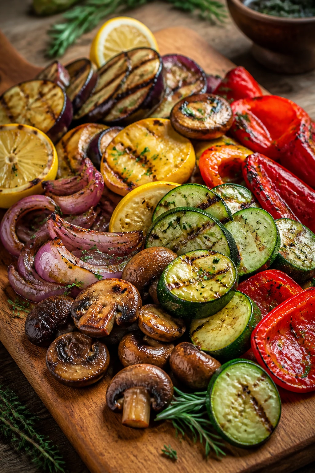 Colorful plate of caramelized grilled vegetables ready to serve on a rustic board