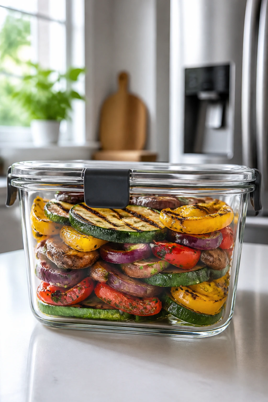 Glass container with grilled vegetables stored in a kitchen
