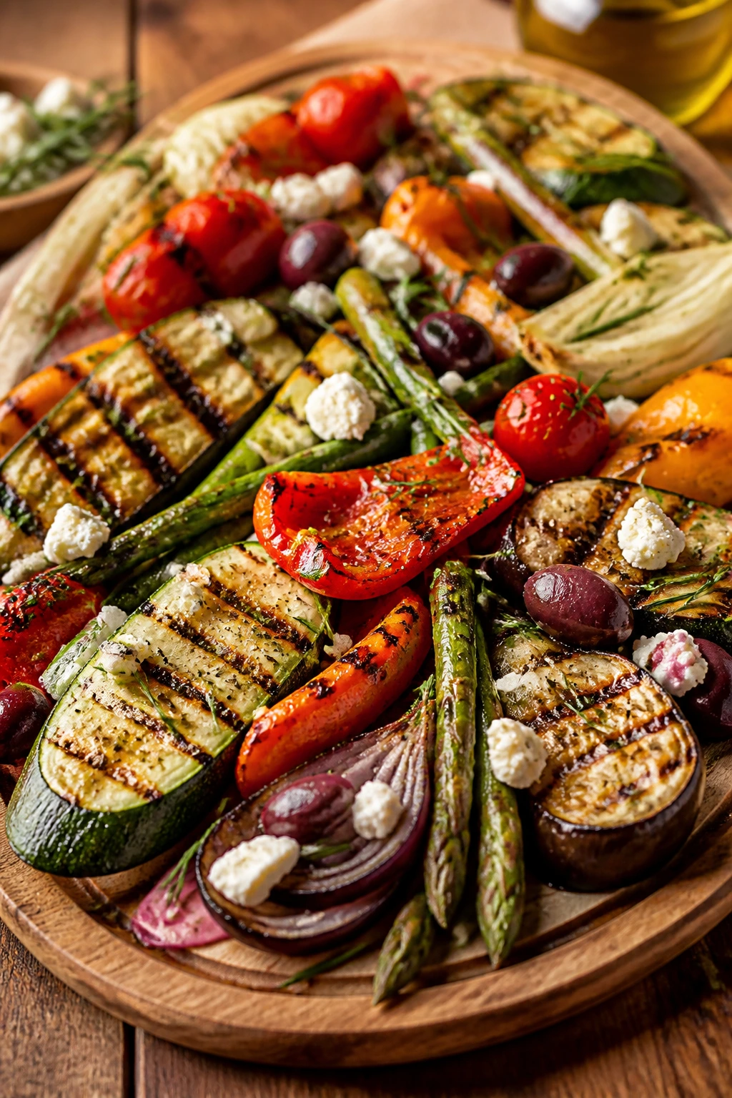 Grilled vegetables on a board with olives and feta