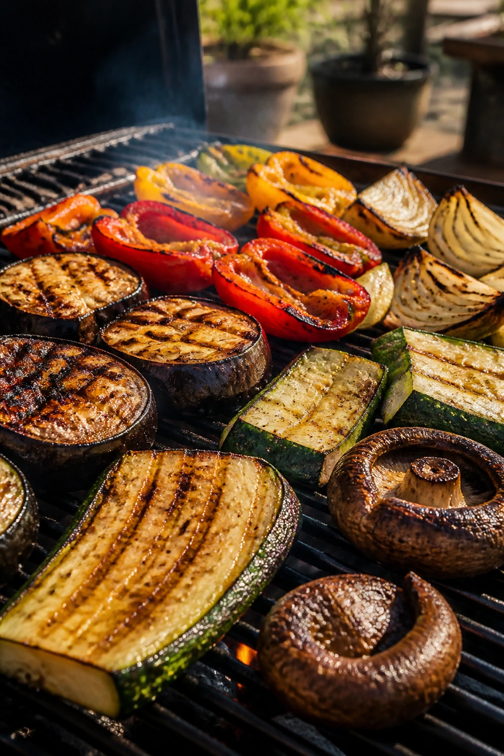 Charred zucchini, eggplant, onions, peppers, and mushrooms on a grill