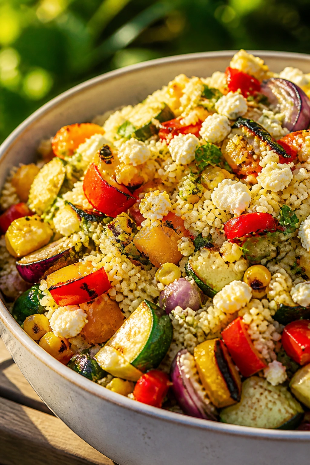 Grilled veggie couscous salad in a bowl on a sunny outdoor table