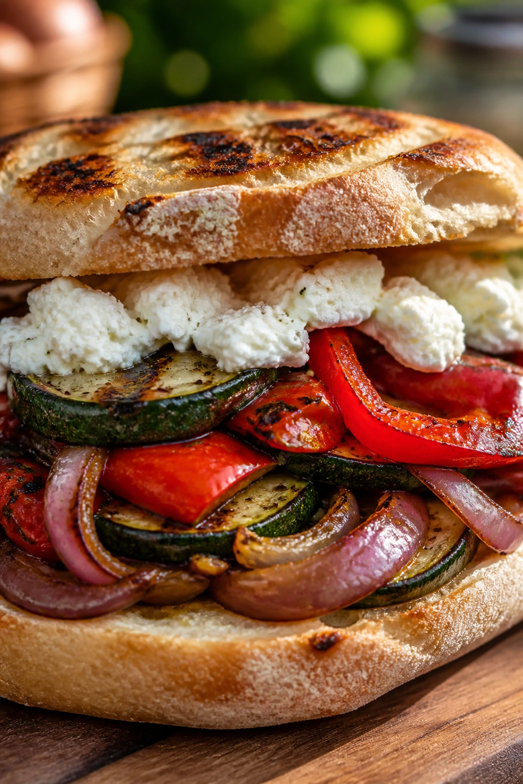 Close-up of a grilled veggie and goat cheese sandwich on rustic wood