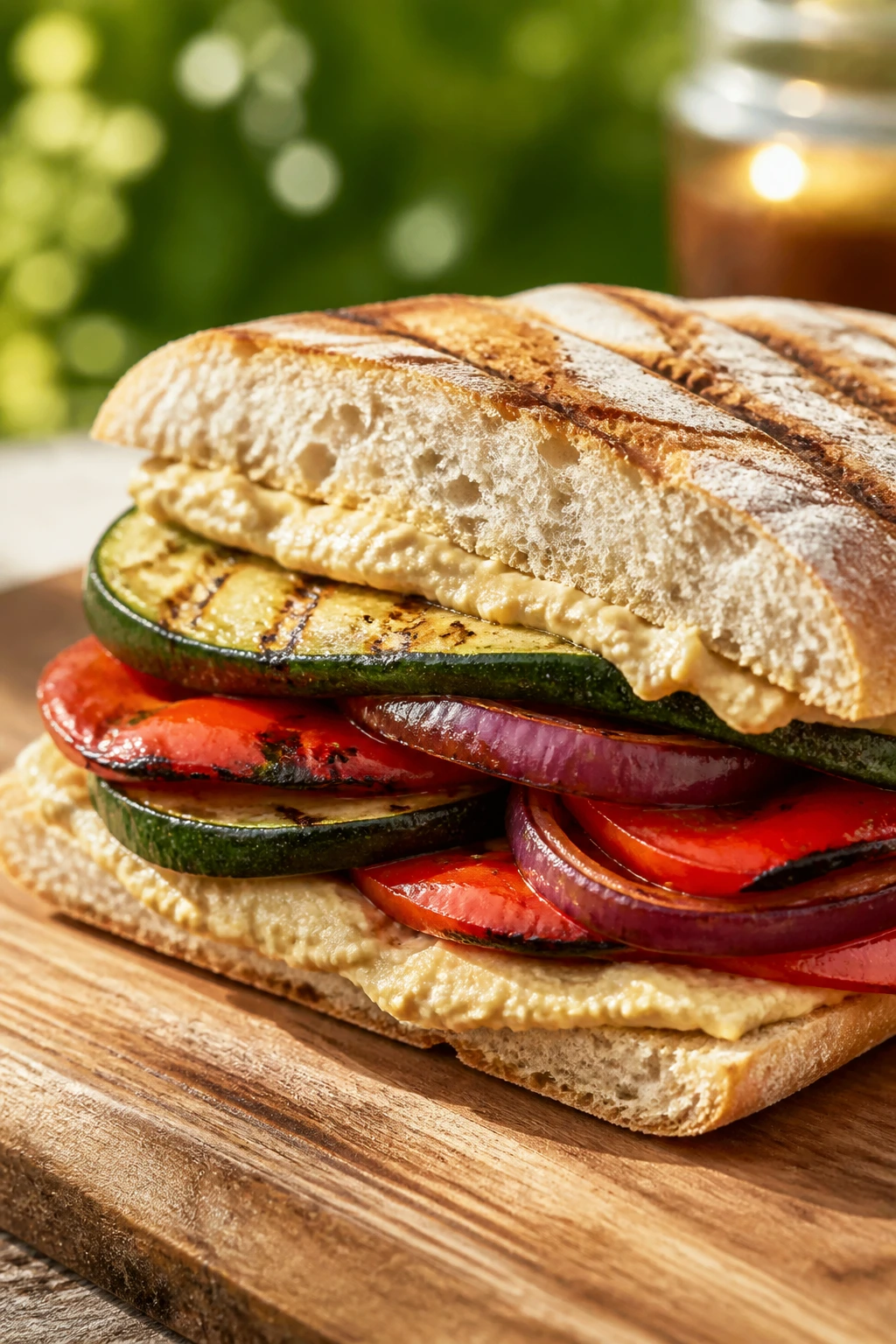 Close-up of grilled veggie hummus sandwich half on rustic surface with charred vegetables and hummus