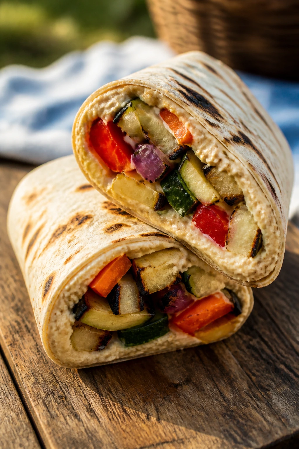 Grilled veggie hummus wraps cut in half on a picnic table
