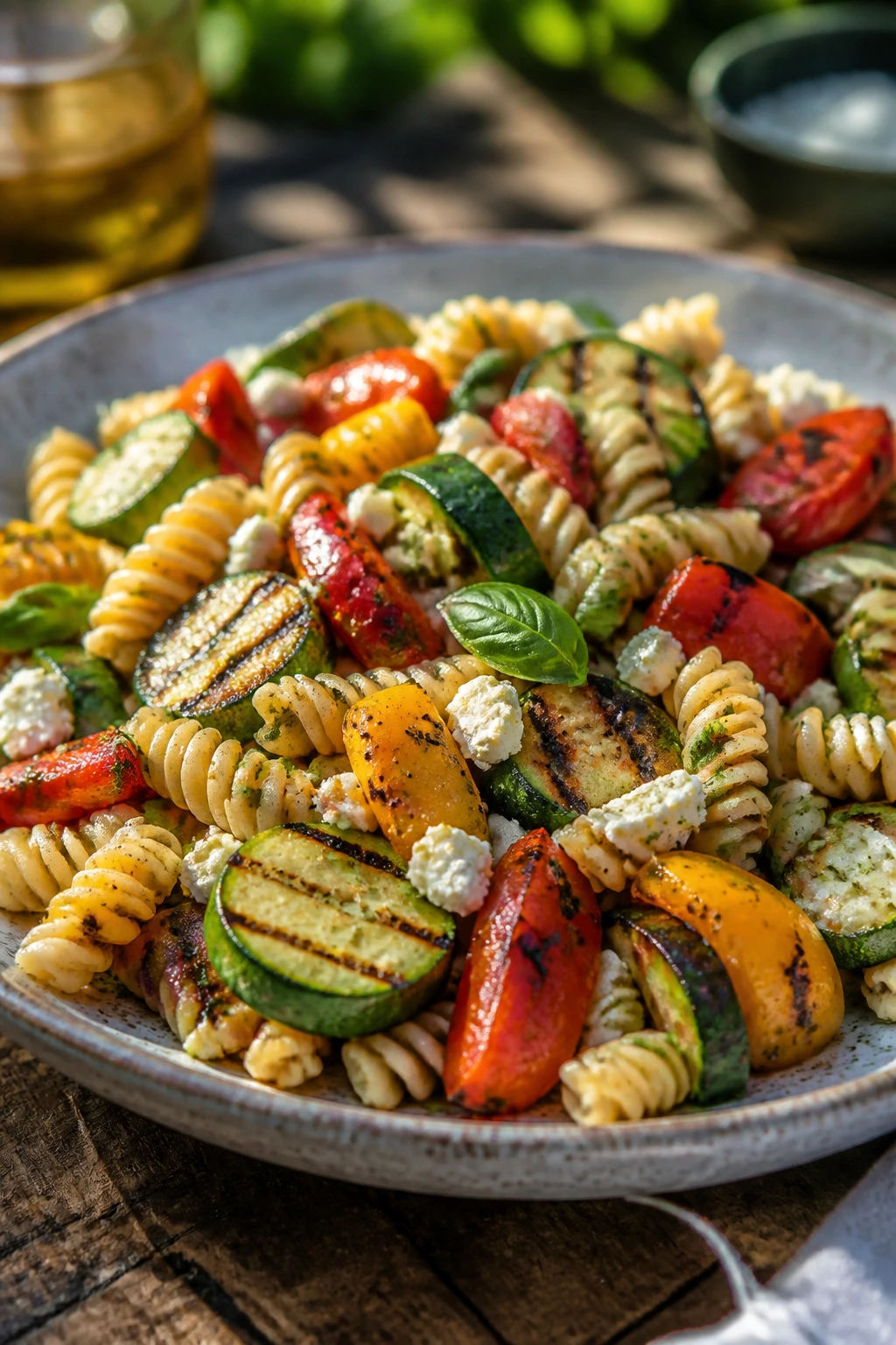 Grilled veggie pasta salad with charred vegetables and feta on a plate