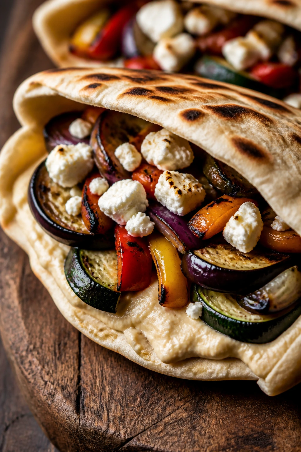Close-up of veggie-filled hummus pita on a rustic board