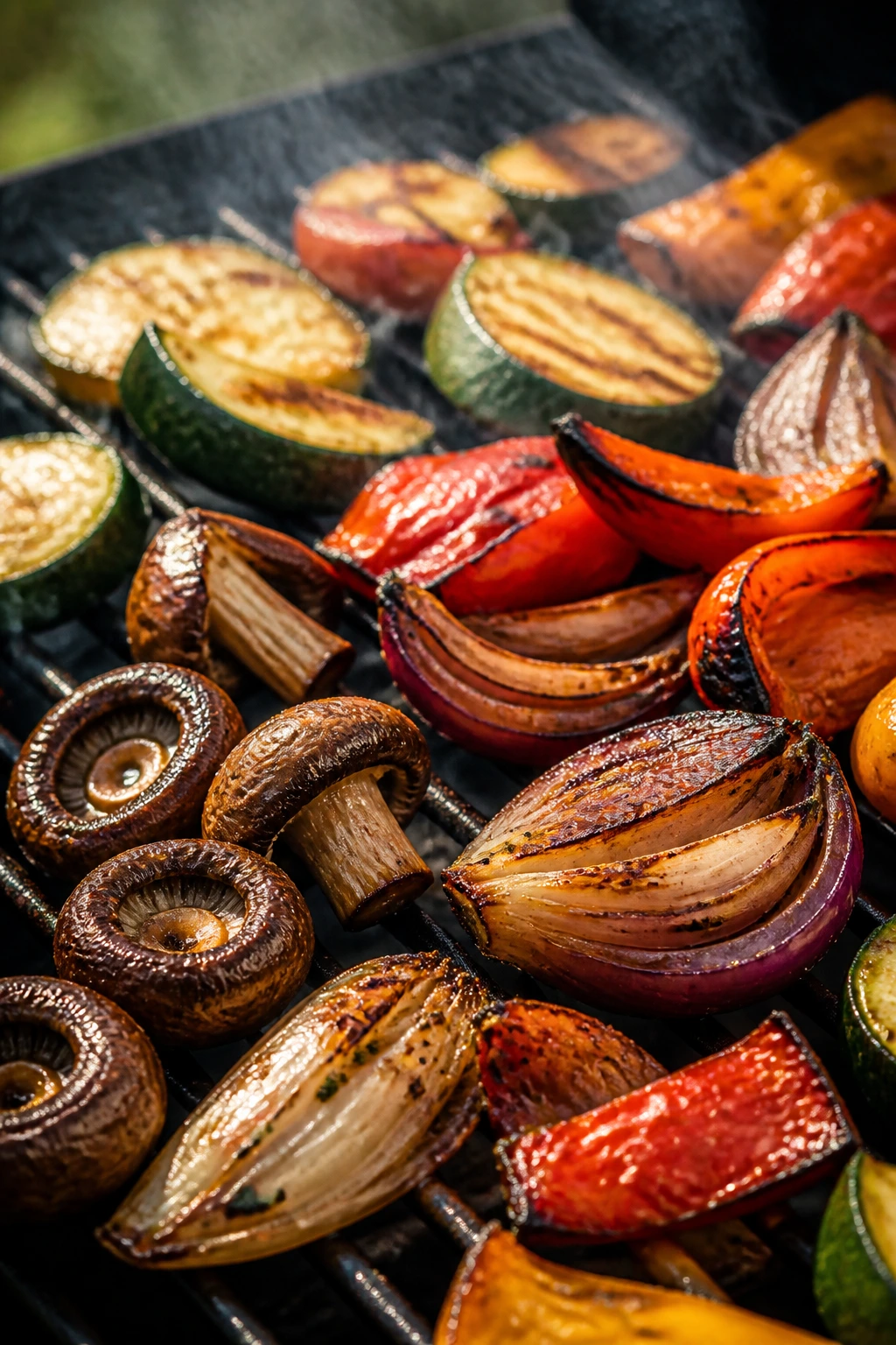 Vivid grilled vegetables showing caramelization and smoky edges