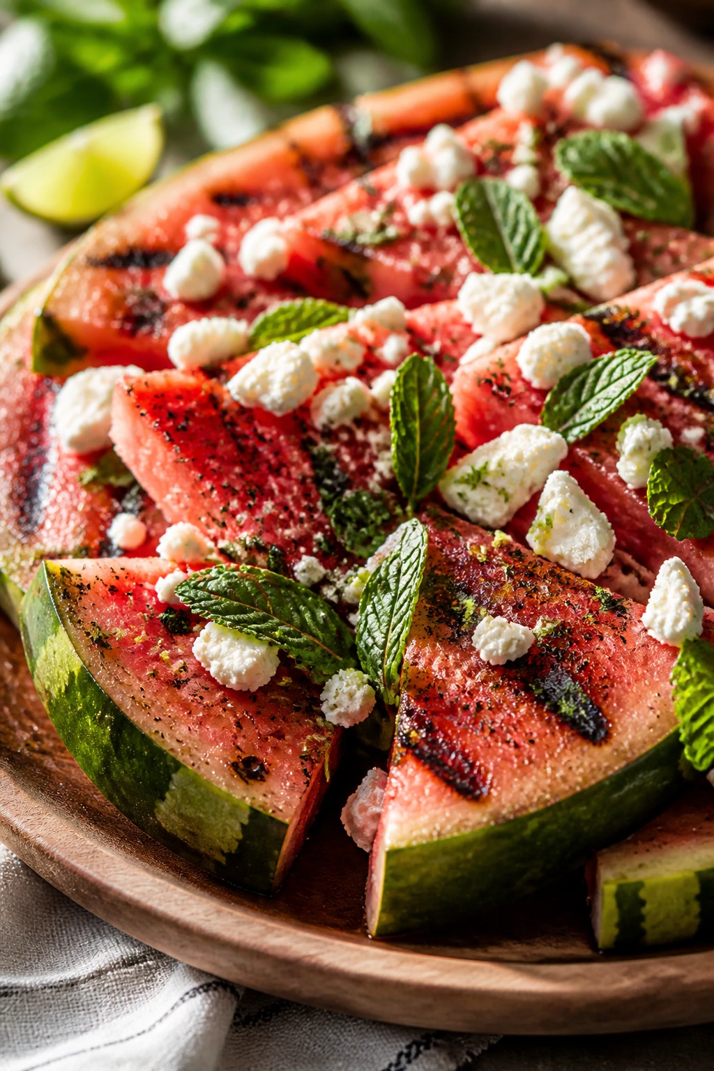 Grilled watermelon feta salad on a rustic platter outdoors