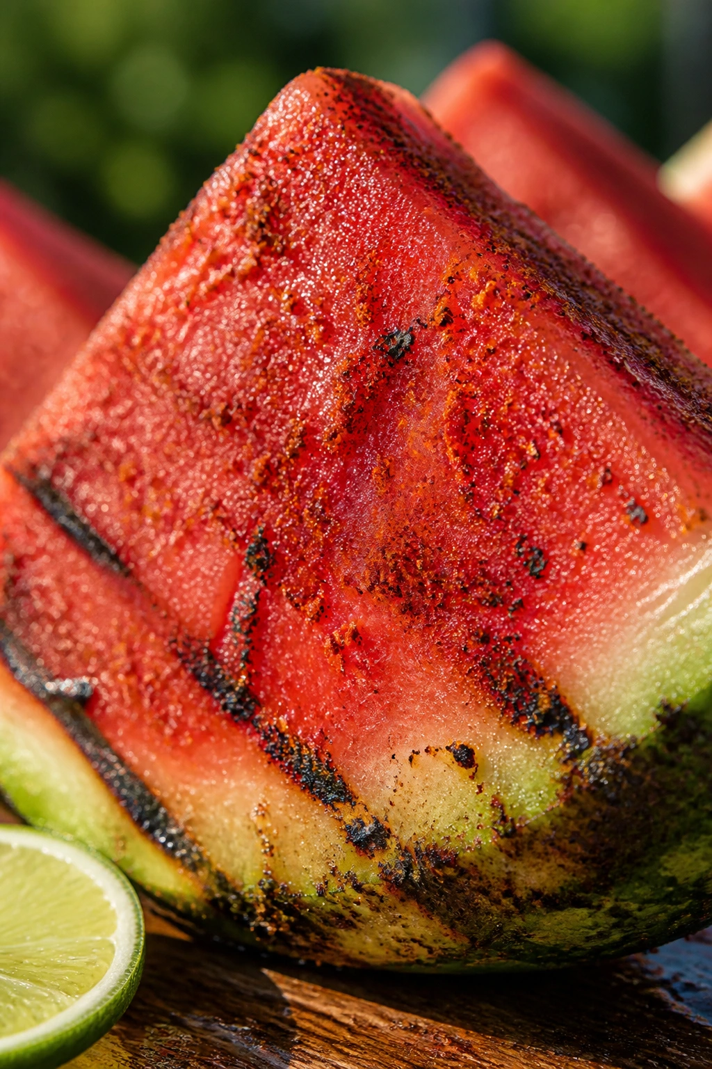 Close-up of grilled watermelon wedge with TajÃn seasoning