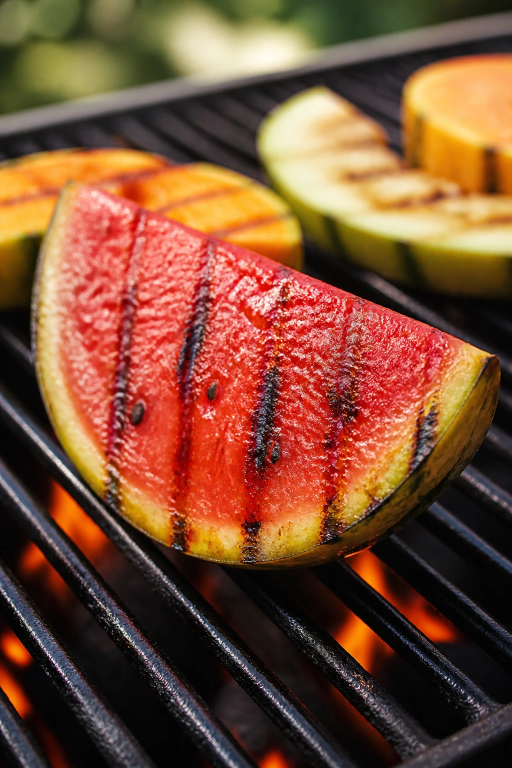 Grilled watermelon wedge with charred edges on a grill
