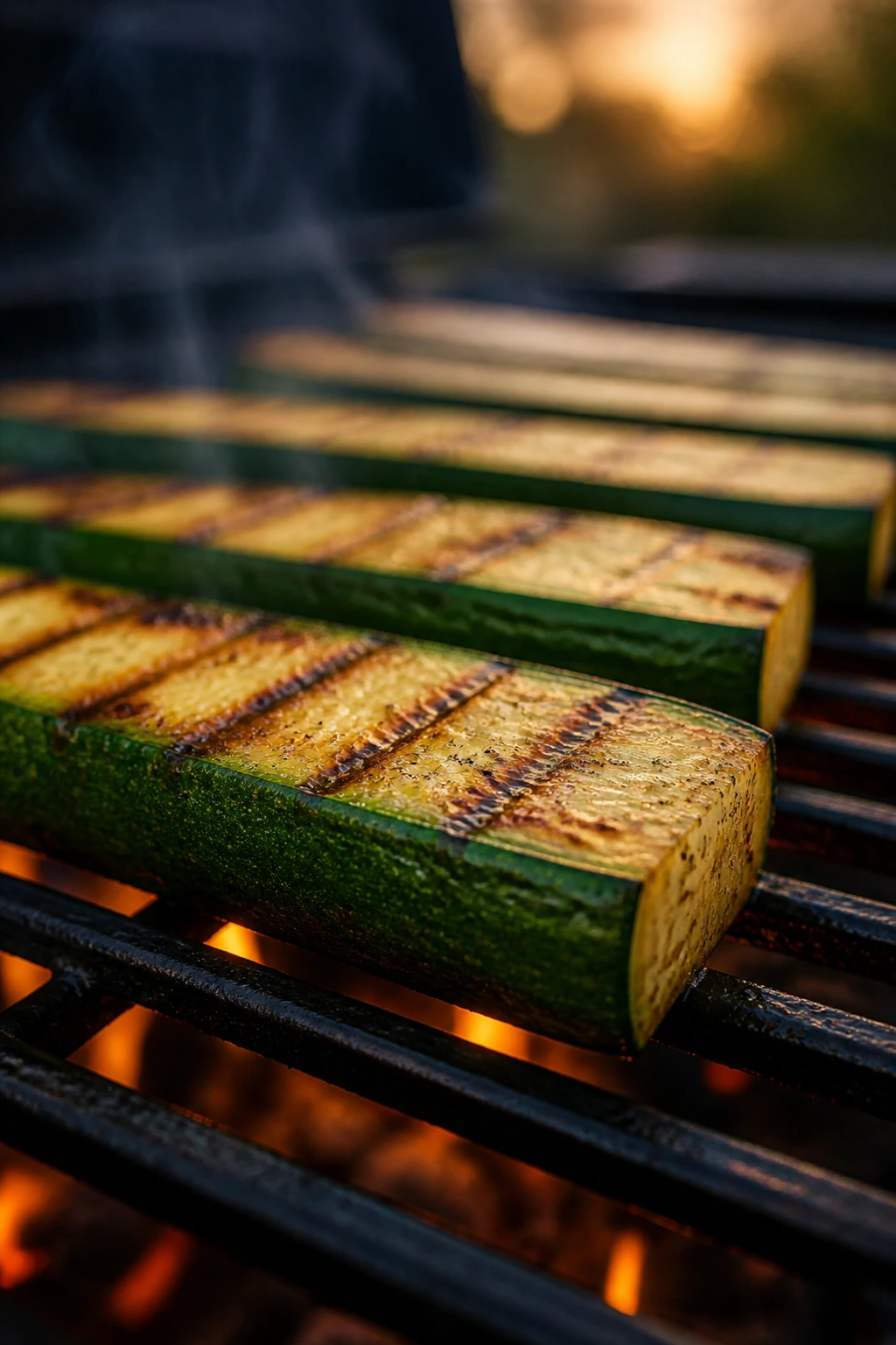 Close-up of thick zucchini planks browning on a hot grill in a backyard