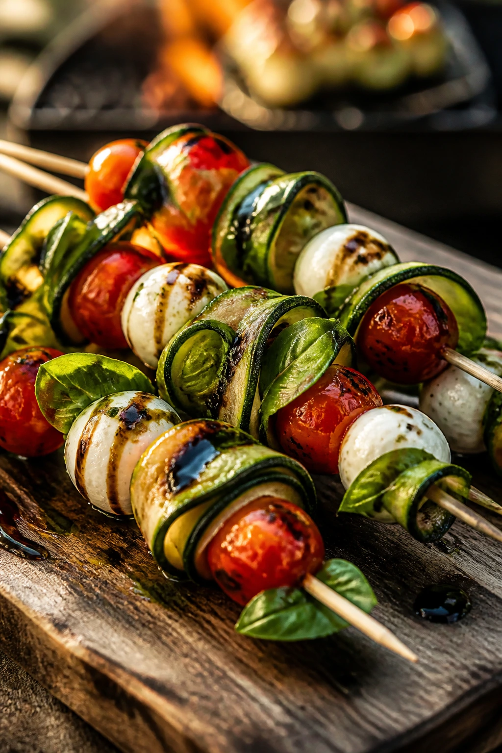 Grilled zucchini caprese skewers with charred zucchini ribbons on wooden board