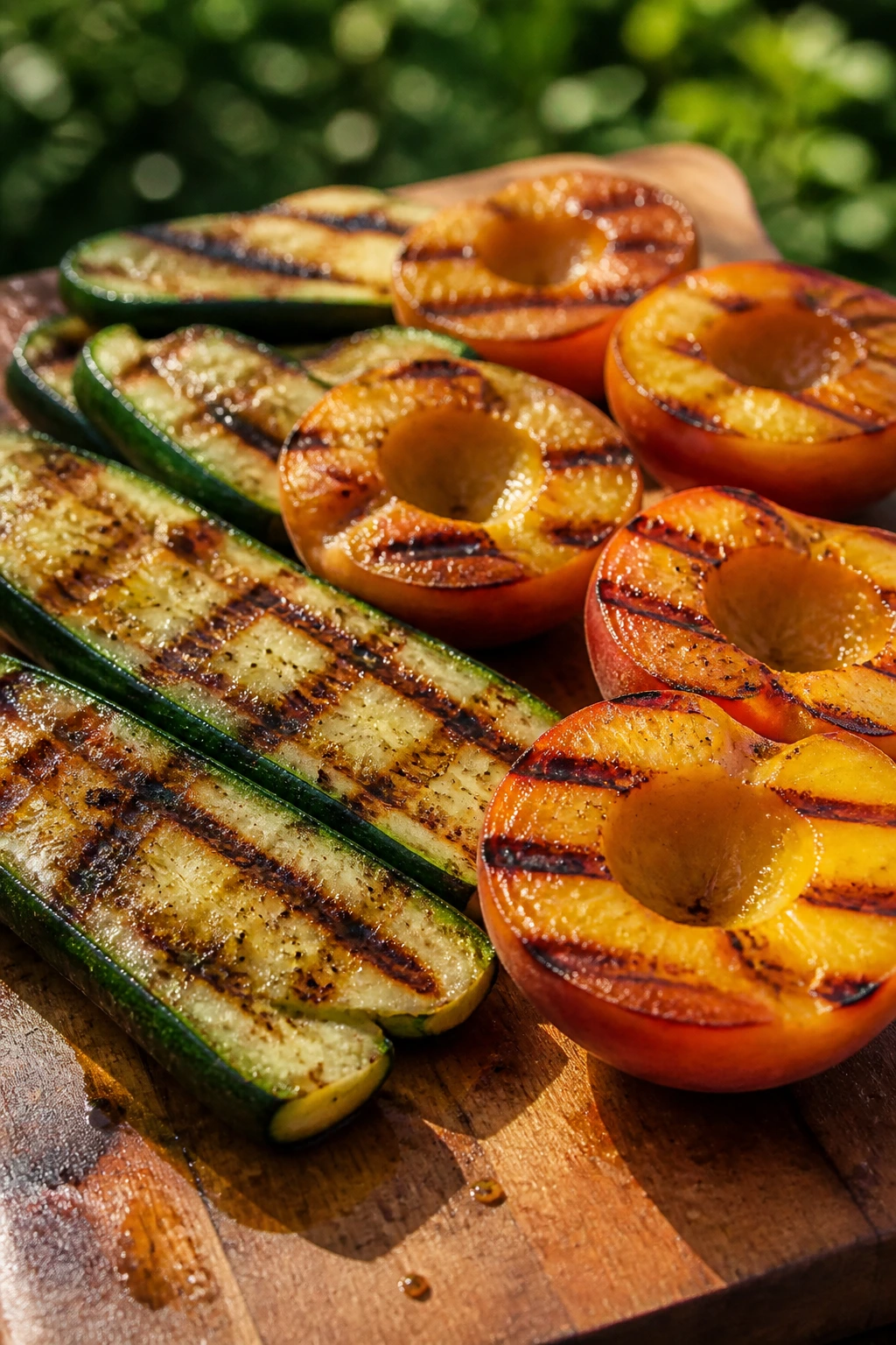 Grilled zucchini and peaches with strong grill marks on a wooden board