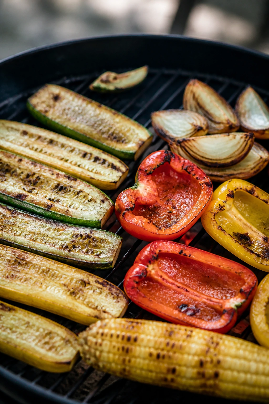 Charred zucchini, peppers, and onions on a grill in backyard setting