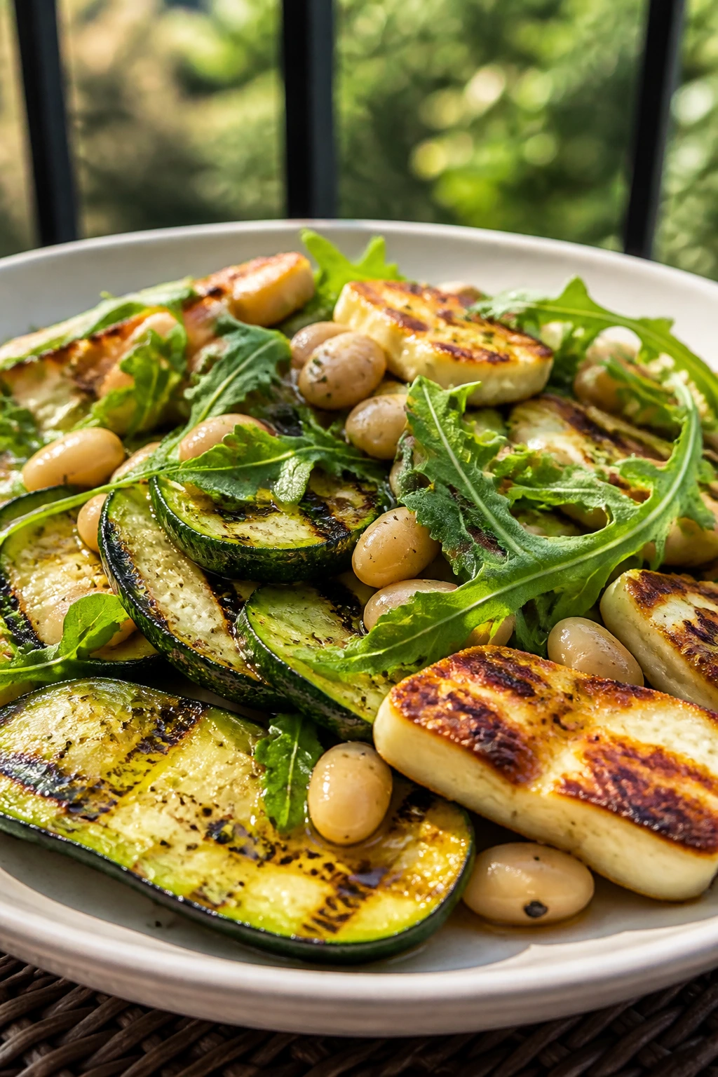 Grilled zucchini salad with halloumi and white beans
