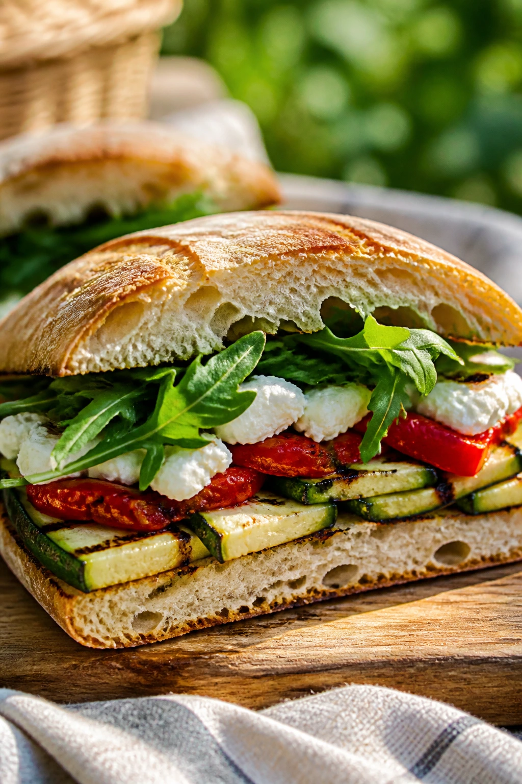 Close-up of a grilled zucchini and goat cheese sandwich on ciabatta at a picnic table